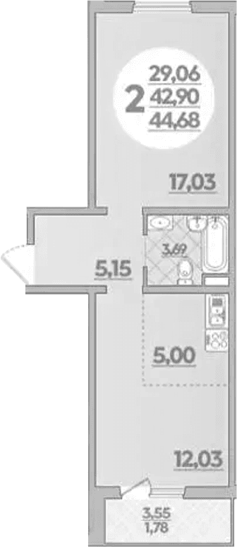 Продается 1-комн. квартира, 42.9 м²