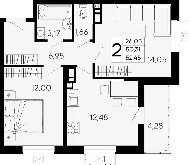 Продается 2-комн. квартира, 50.31 м²