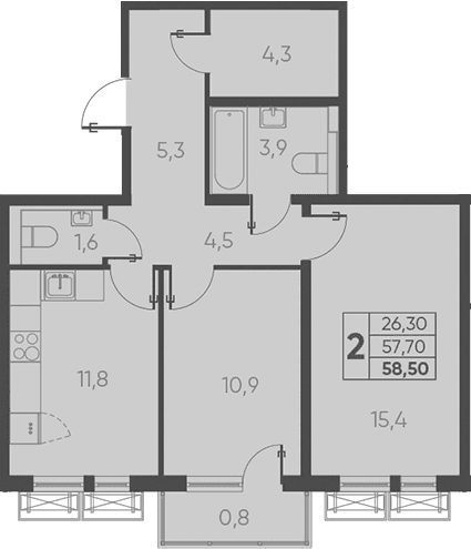 Продается 2-комн. квартира, 59.57 м²