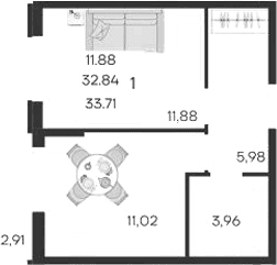 Продается 1-комн. квартира, 32.84 м²