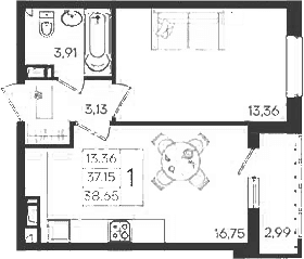 Продается 1-комн. квартира, 37.15 м²