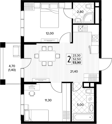Продается 2-комн. квартира, 52.5 м²