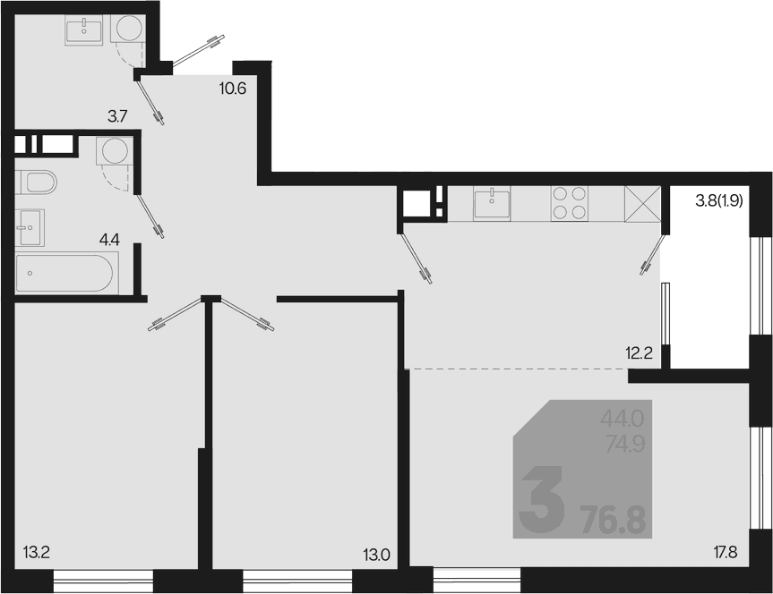 Продается 3-комн. квартира, 74.9 м²