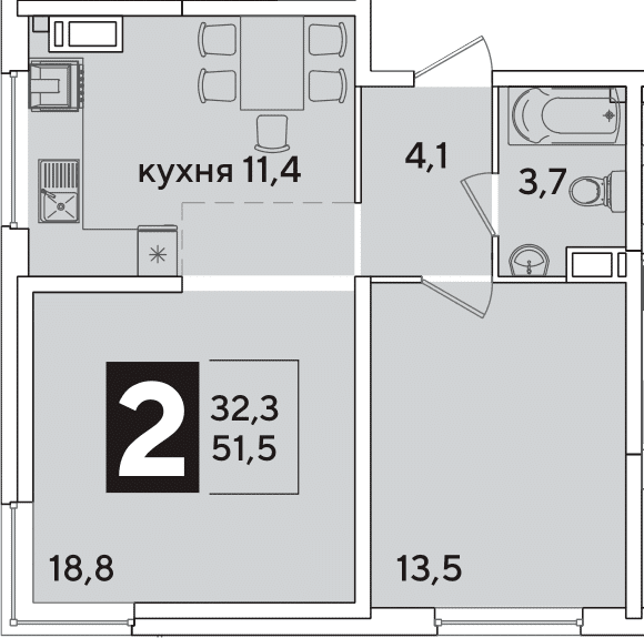 Продается 2-комн. квартира, 51.5 м²
