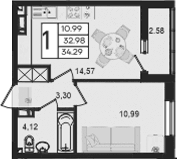 Продается 1-комн. квартира, 32.98 м²