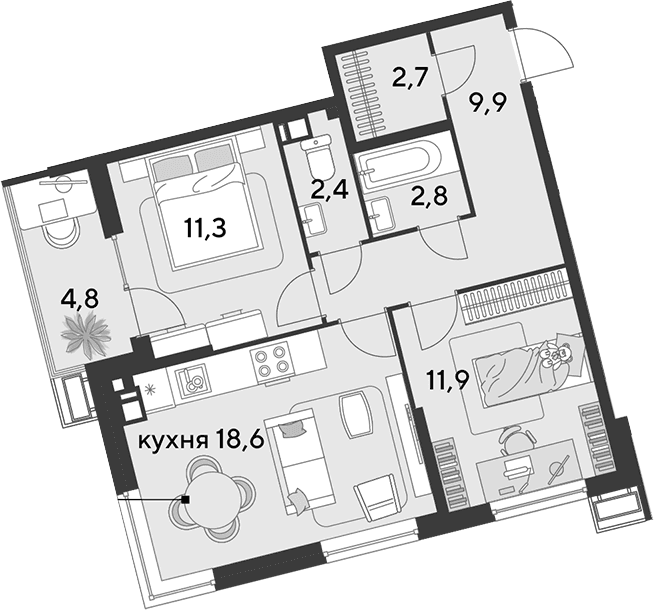 Продается 3-комн. квартира, 59.6 м²