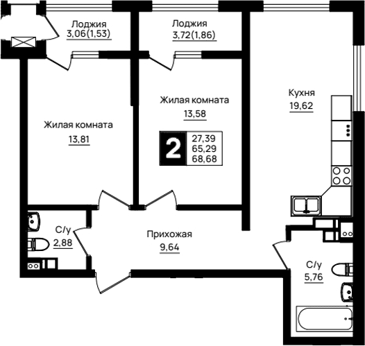 Продается 2-комн. квартира, 65.29 м²