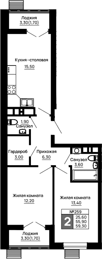 Продается 2-комн. квартира, 55.9 м²
