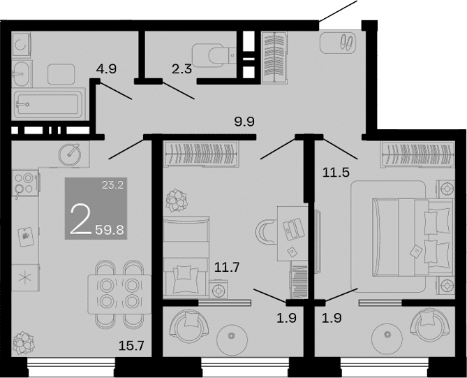 Продается 2-комн. квартира, 56 м²