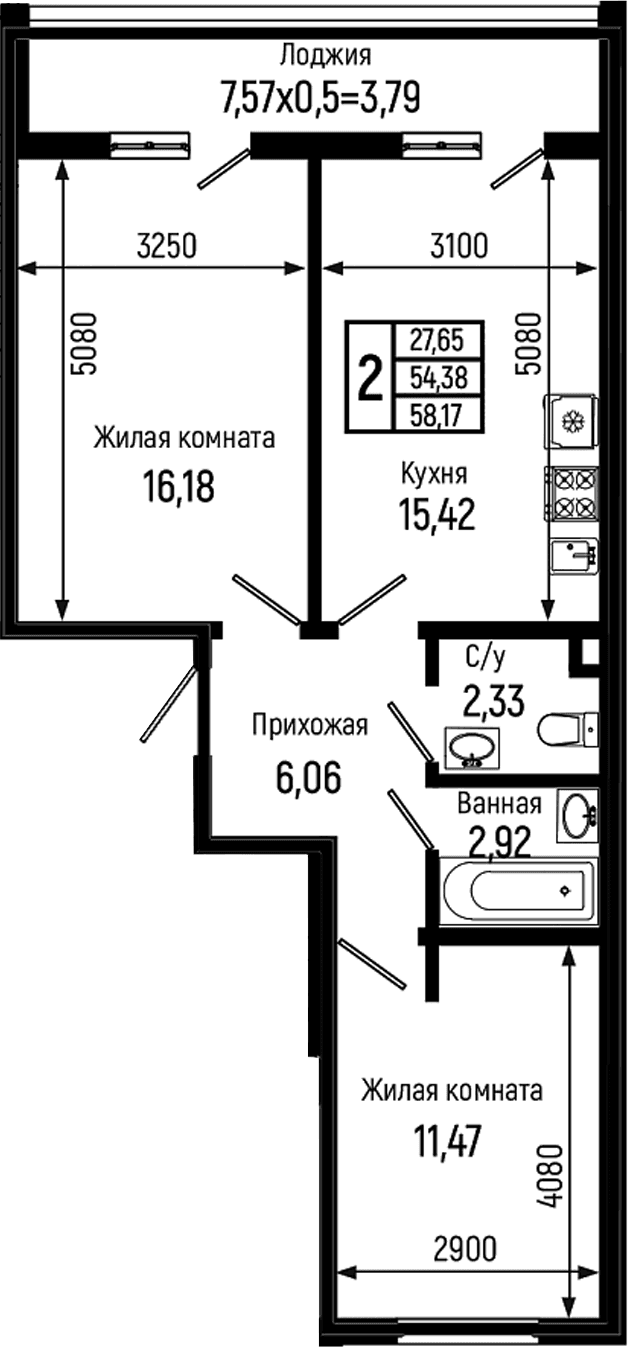 Продается 2-комн. квартира, 54.38 м²