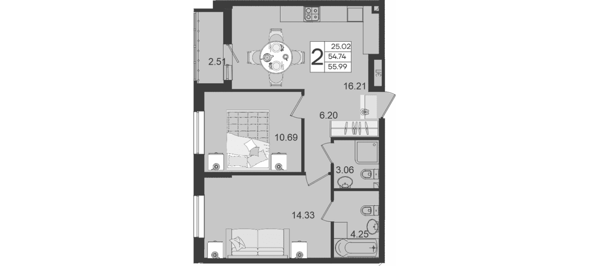 Продается 2-комн. квартира, 54.74 м²