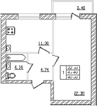Продается 1-комн. квартира, 41.02 м²