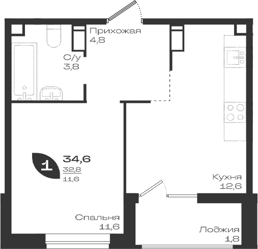 Продается 1-комн. квартира, 32.8 м²