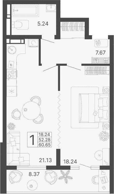 Продается 1-комн. квартира, 52.29 м²