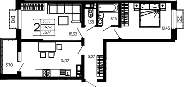 Продается 2-комн. квартира, 54.56 м²