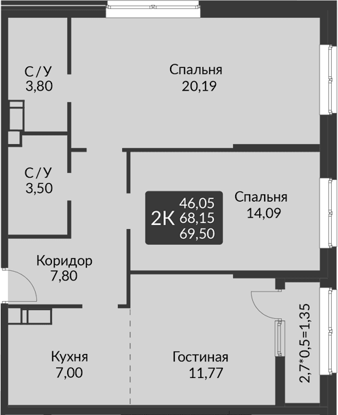 Продается 3-комн. квартира, 68.15 м²