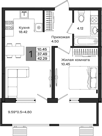 Продается 1-комн. квартира, 37.49 м²
