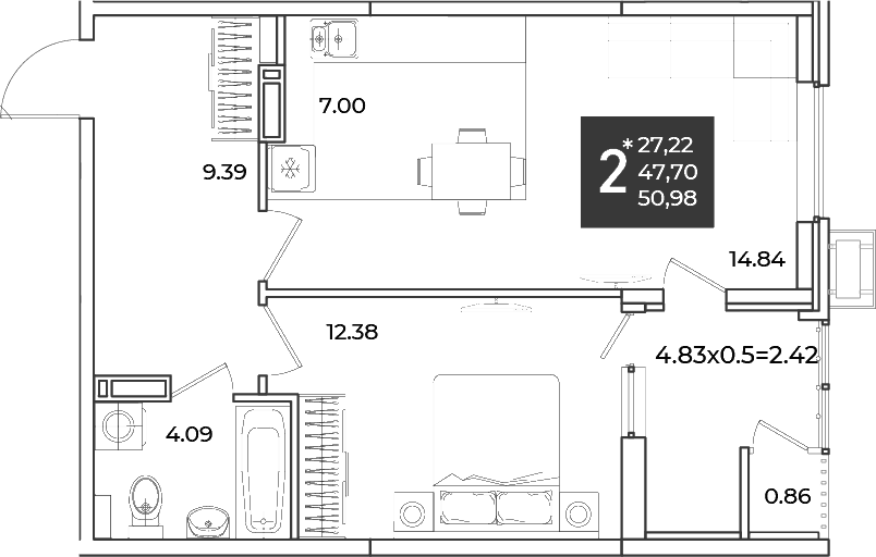 Продается 1-комн. квартира, 47.7 м²