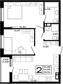 Продается 2-комн. квартира, 54.55 м²