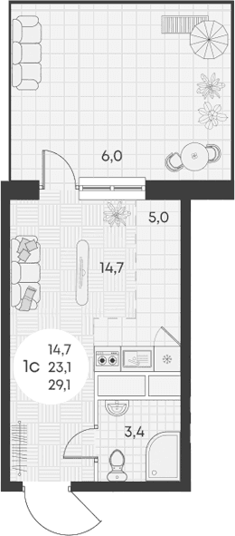 Продается 1-комн. квартира, 23.1 м²