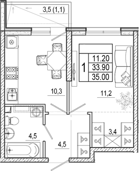 Продается 1-комн. квартира, 33.9 м²
