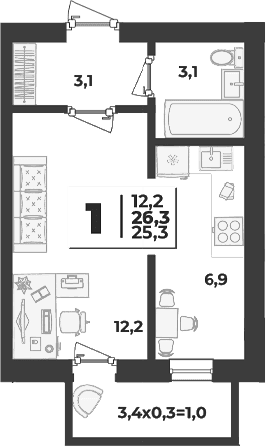 Продается 1-комн. квартира, 25.3 м²