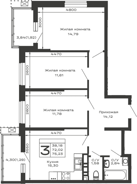 Продается 3-комн. квартира, 72.02 м²