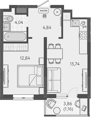 Продается 1-комн. квартира, 37.46 м²