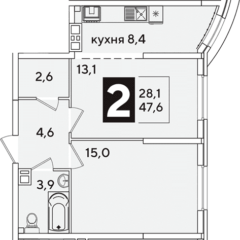 Продается 2-комн. квартира, 47.6 м²