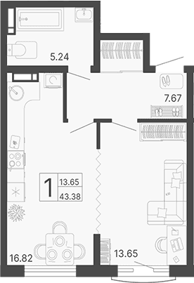 Продается 1-комн. квартира, 43.38 м²