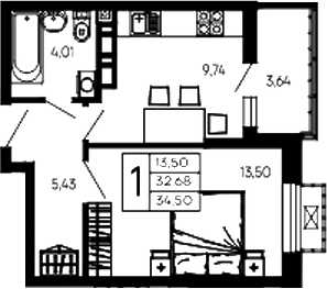 Продается 1-комн. квартира, 32.68 м²