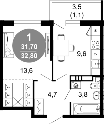 Продается 1-комн. квартира, 31.7 м²