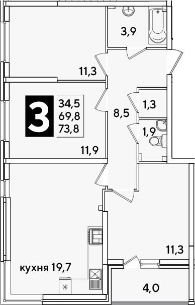 Продается 4-комн. квартира, 69.8 м²