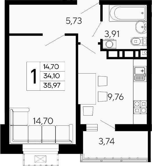 Продается 1-комн. квартира, 34.1 м²