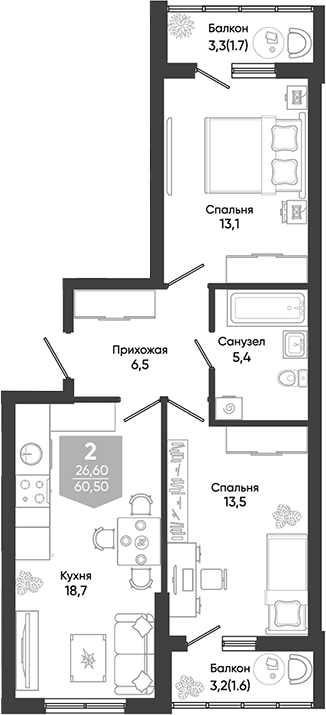 Продается 3-комн. квартира, 57.2 м²