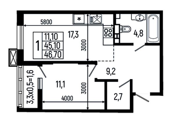 Продается 1-комн. квартира, 45.1 м²