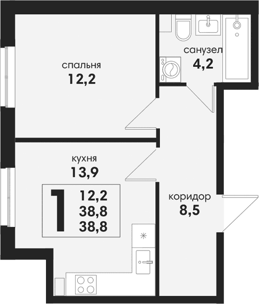 Продается 1-комн. квартира, 38.8 м²