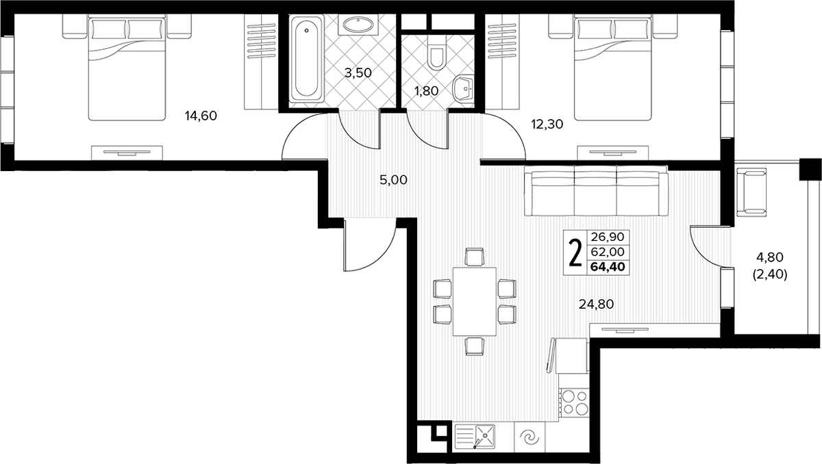 Продается 2-комн. квартира, 62 м²