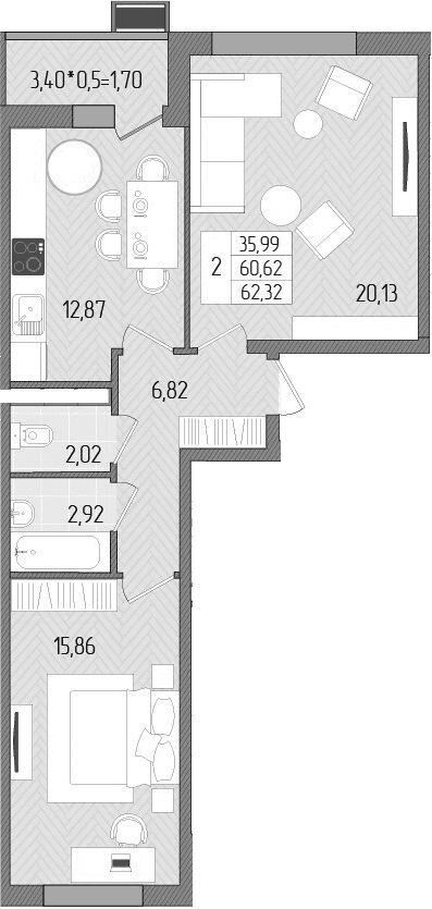 Продается 2-комн. квартира, 60.62 м²