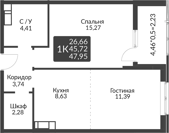 Продается 2-комн. квартира, 45.72 м²