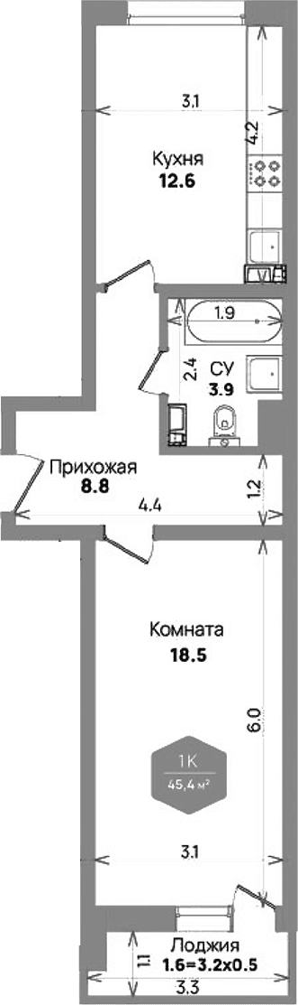 Продается 1-комн. квартира, 43.8 м²