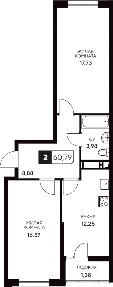 Продается 2-комн. квартира, 59.41 м²