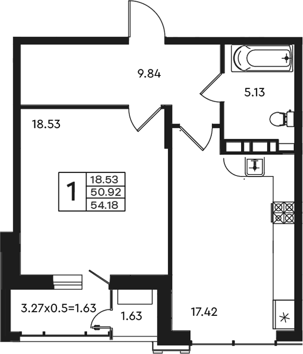Продается 1-комн. квартира, 50.92 м²