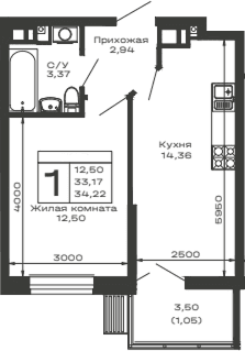 Продается 1-комн. квартира, 33.17 м²
