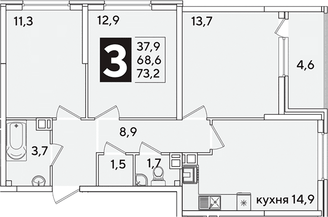 Продается 3-комн. квартира, 68.6 м²