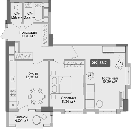 Продается 2-комн. квартира, 57.54 м²