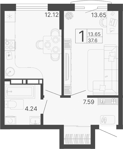 Продается 1-комн. квартира, 37.6 м²