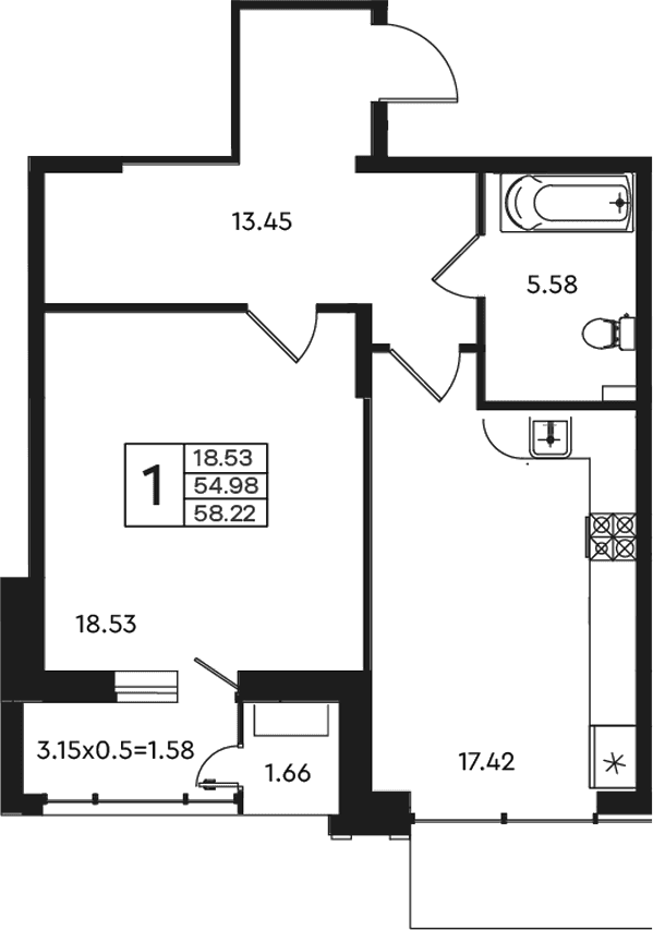 Продается 1-комн. квартира, 54.98 м²