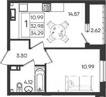 Продается 1-комн. квартира, 32.98 м²
