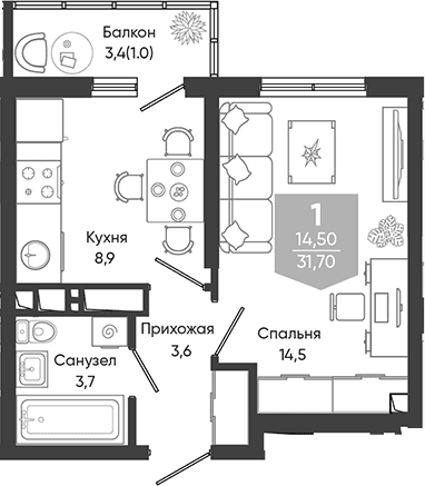 Продается 1-комн. квартира, 30.7 м²
